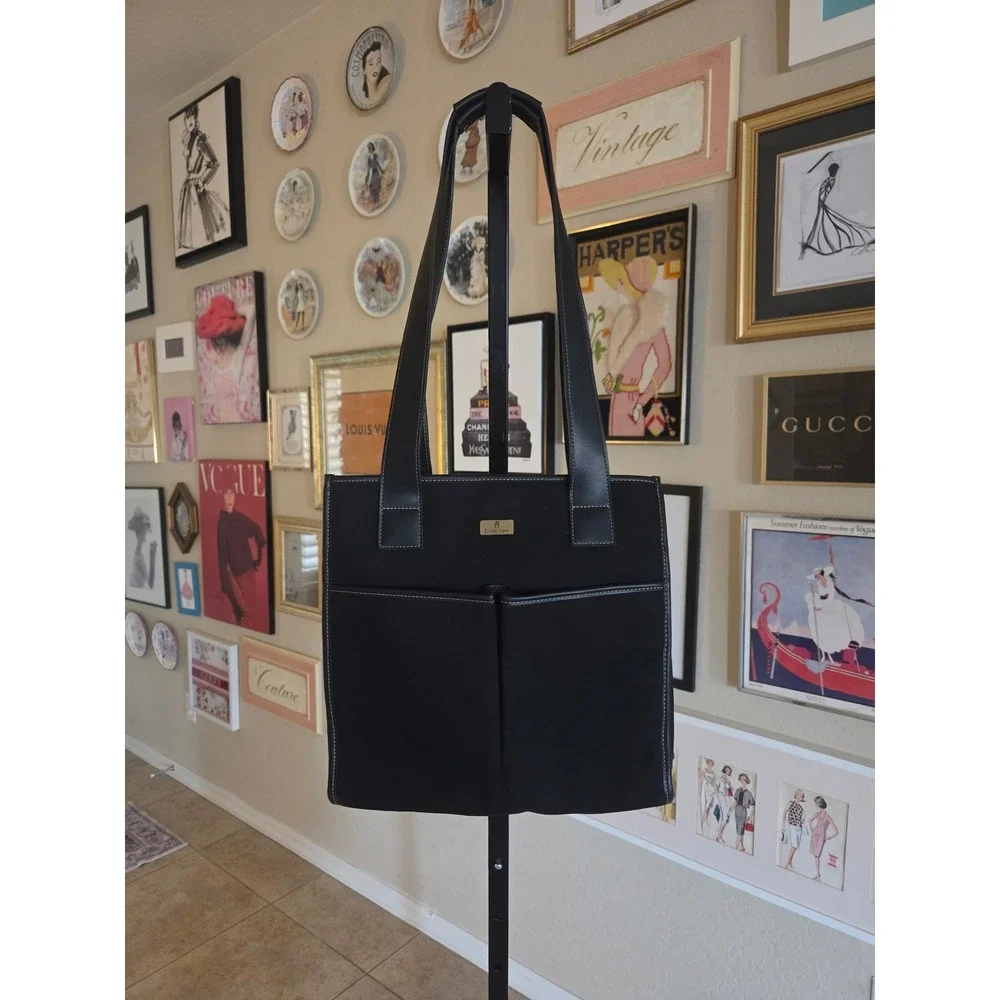 Etienne Aigner Y2K Black Canvas Tote Bag Leather Trim Contrast Stitch Shoulder